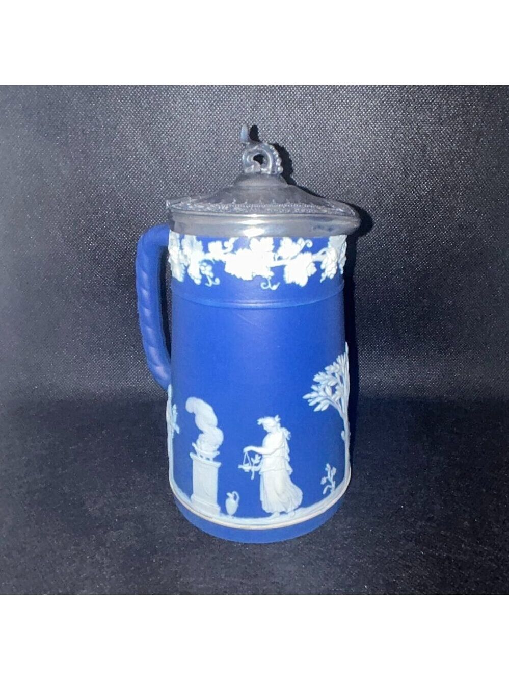 Antique Wedgwood Jasperware small milk/syrup pitcher colbalt blue & pewter lid